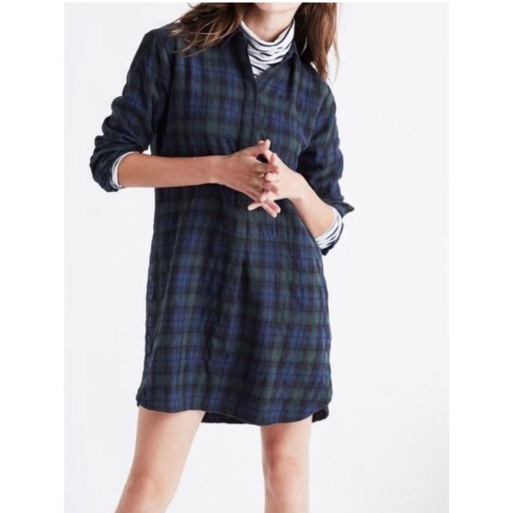 Madewell Plaid Button-Front Tunic Shirt Dress - Navy & Forest Green